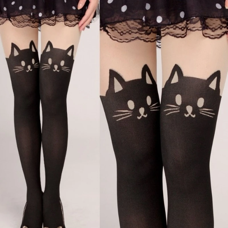 Japanese Kawaii Mock Over‑Knee Pantyhose Women Cartoon Cat Tail Spliced Thigh High Tights Soft Stretchy Hosiery Lolita Outfits