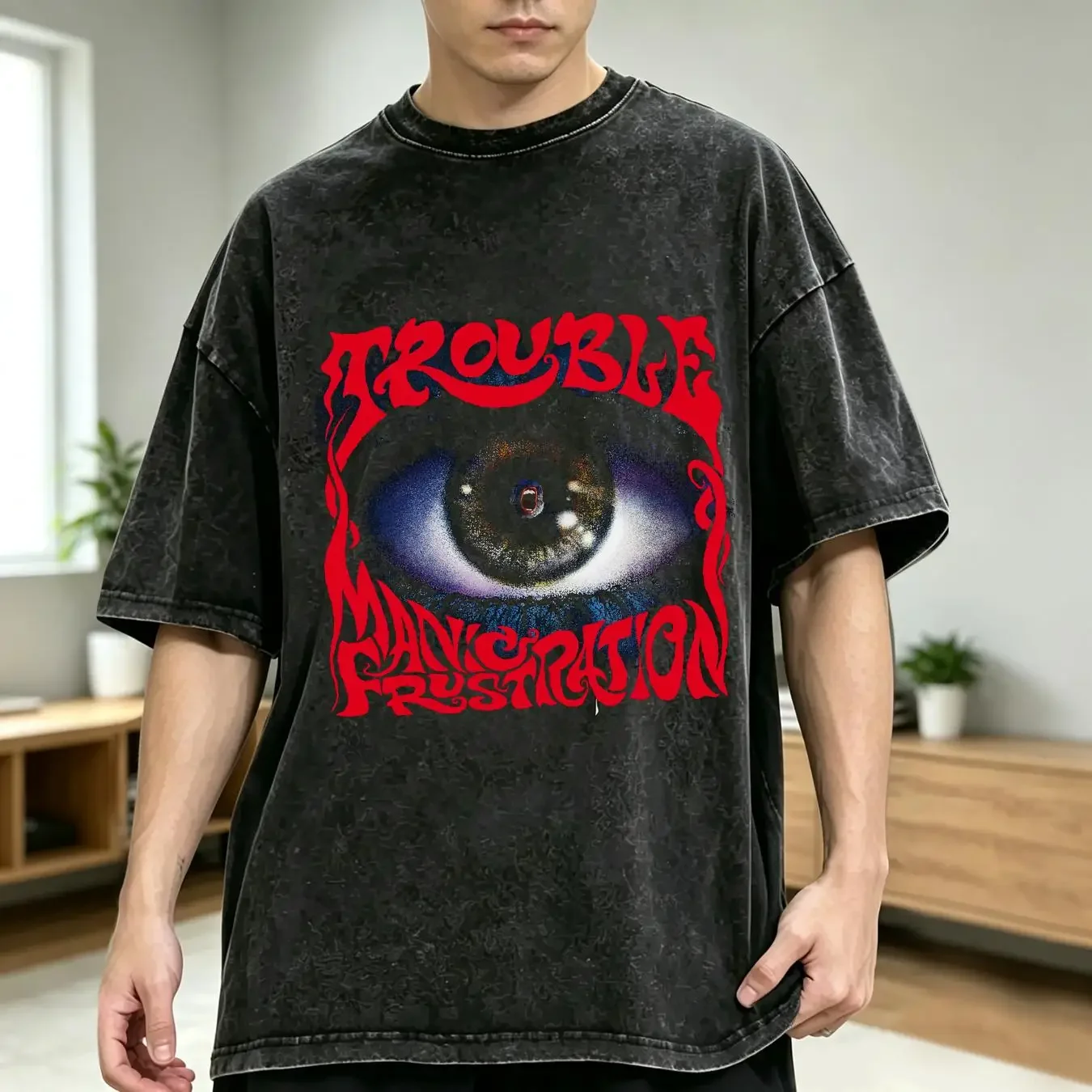 washed T Shirt Trouble Manic Frustration back print vintage Washed Versatile Stylish Casual graphic designer clothes Unisex