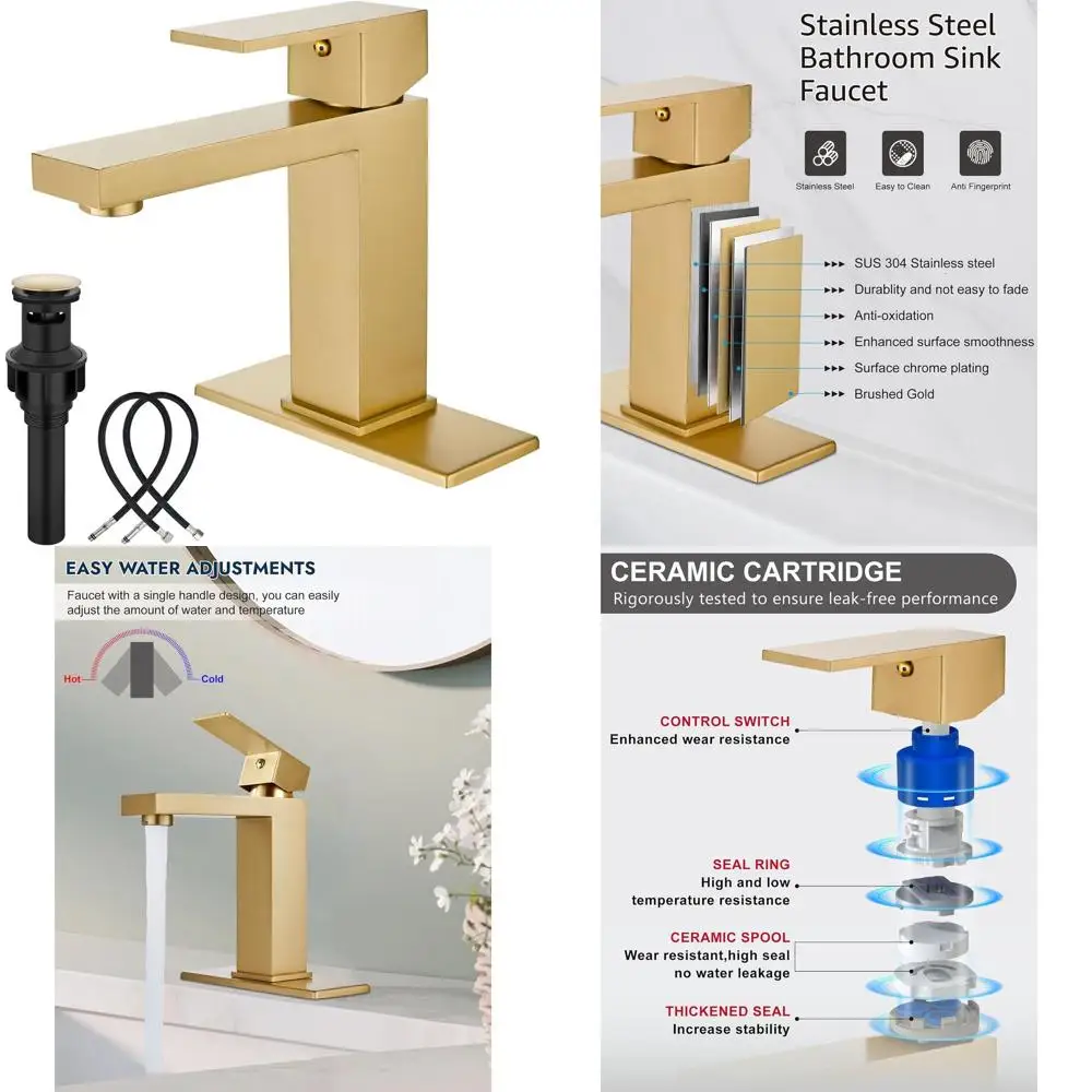 

Современный смеситель для раковины из нержавеющей стали с одной ручкой и 1 отверстием, палубной пластиной, шлангом подачи и выдвижным сливом, матовое золото Finis