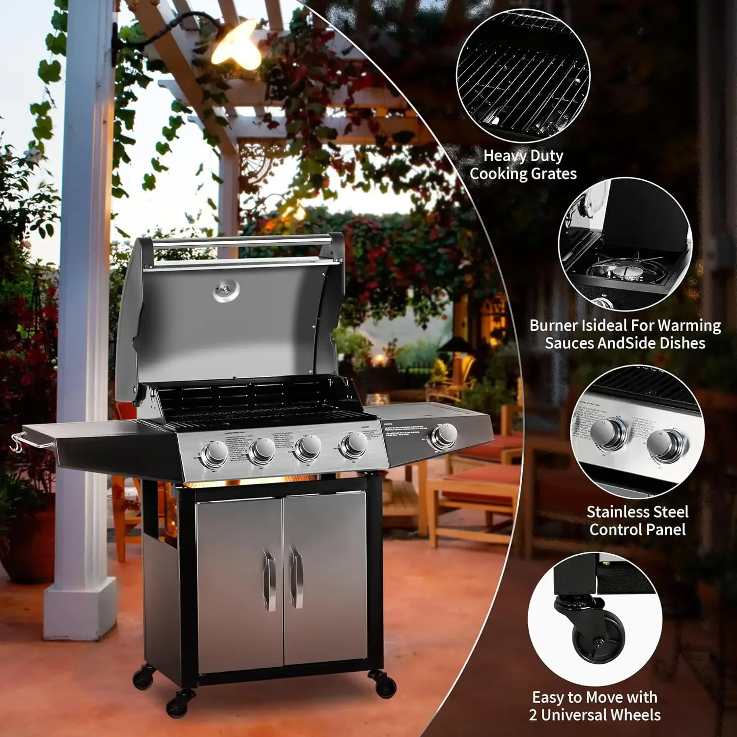 [Offre chaud, offre à durée limitée! ]Garrille à gaz, barbecue au propane de style armoire à 4 brûleurs avec brûleur latéral, acier inoxydable