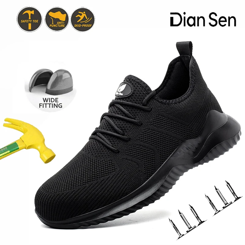 Men‘s Safety Shoes with Steel Toe Puncture Proof Anti-smash Work Sneakers Lightweight Breathable Black Sneakers for Construction
