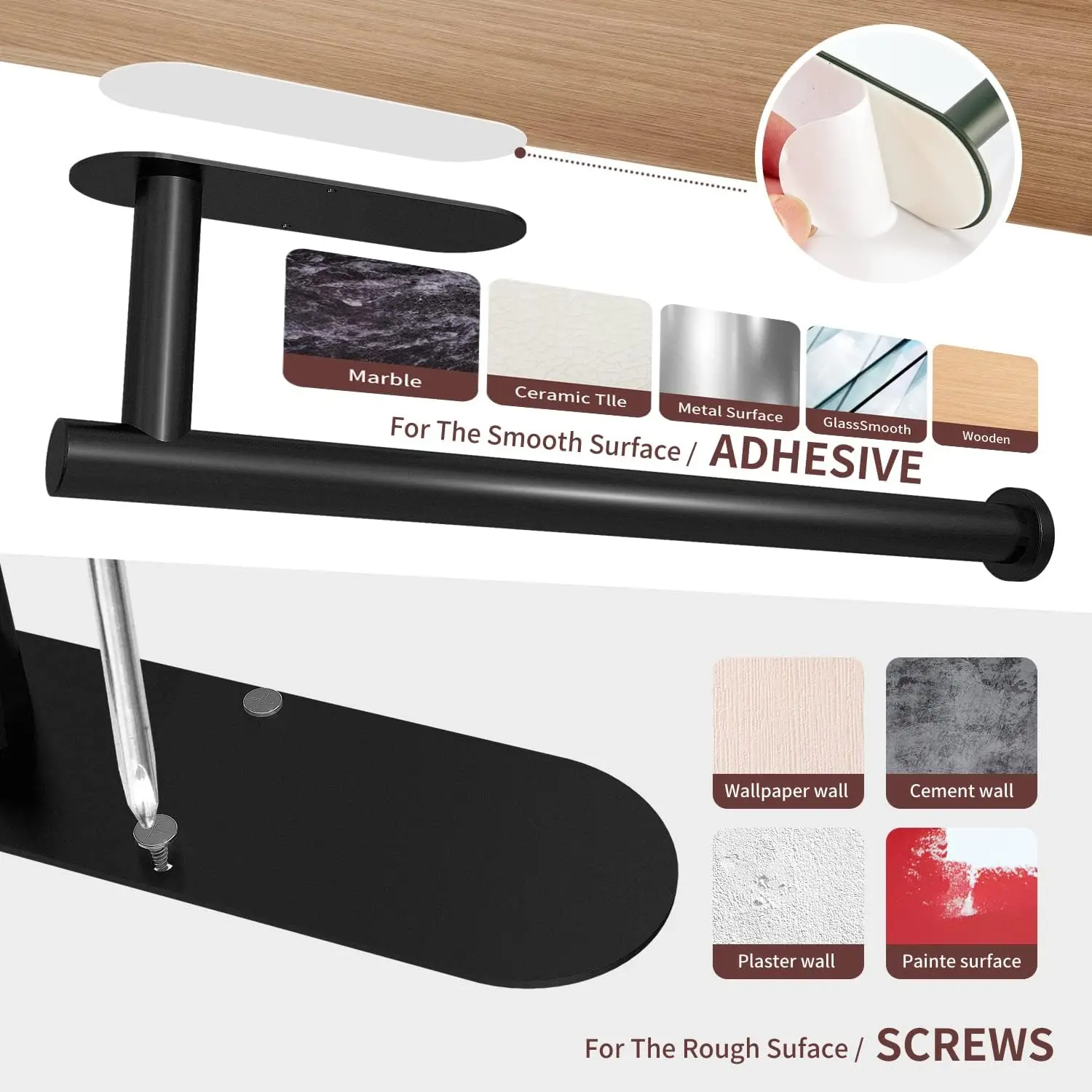 Paper Towel Holder Under Cabinet Wall Mount for Kitchen Towel, Self-Adhesive Bar, Rack, Stainless Steel 13 inch