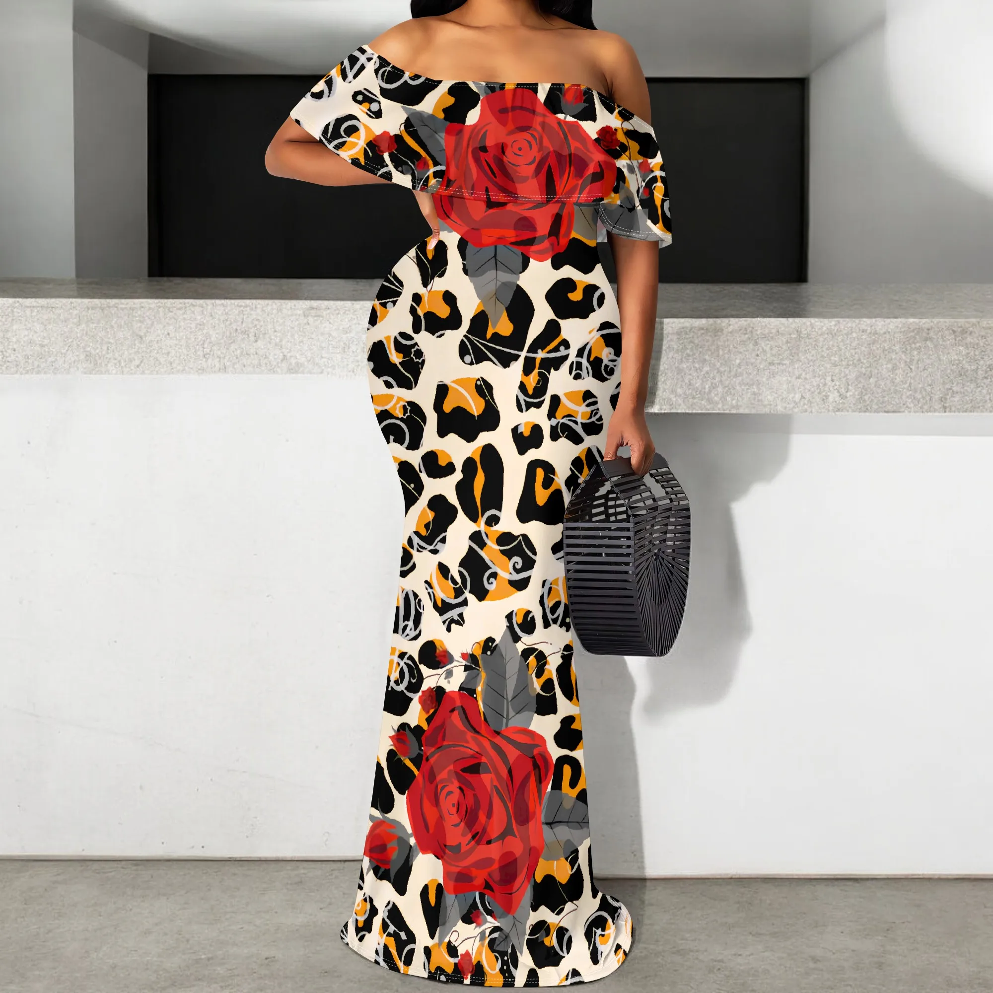 

Leopard Print Rose Maxi Dress S-3XL Off Shoulder Ruffle Hem Sexy Party Long Dress for Women