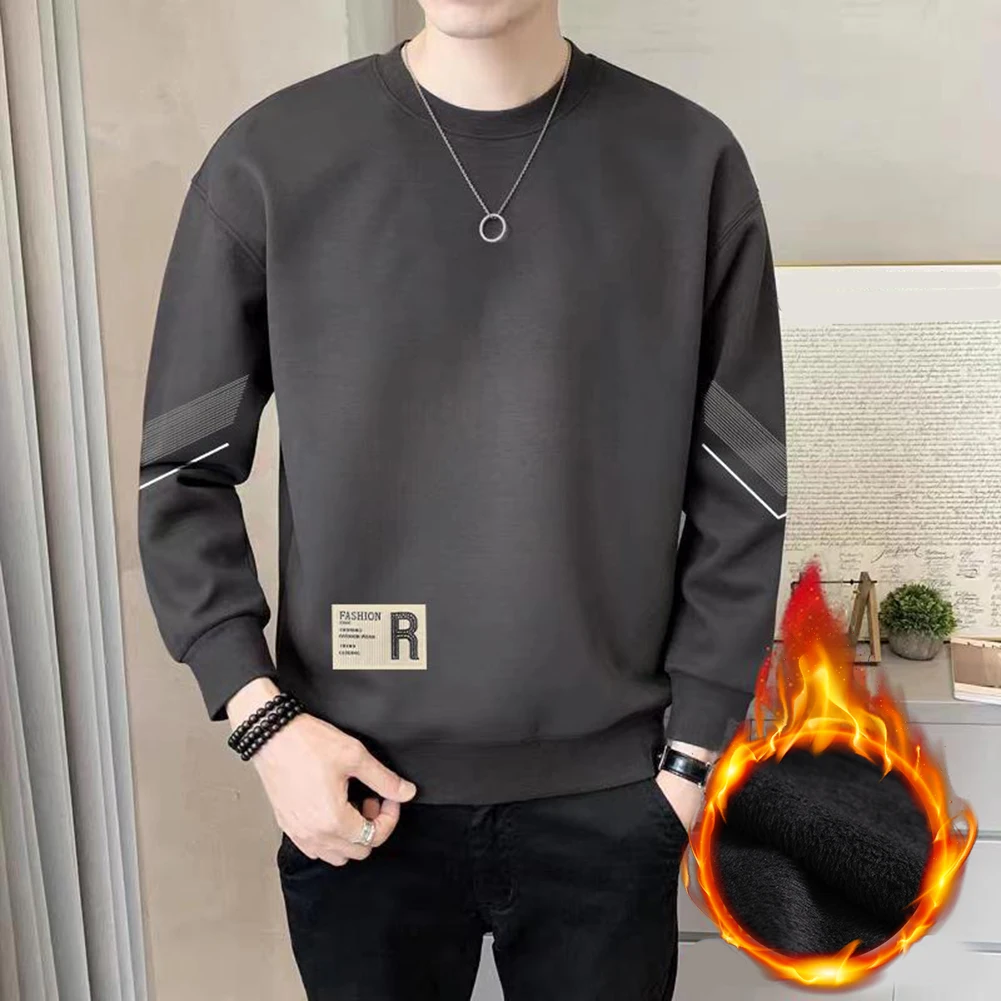 Casual Men's Pullover Sweatshirt with Warm Thick Fleece Fabric Round Neck Long Sleeve Top Designed for Comfort and Versatility