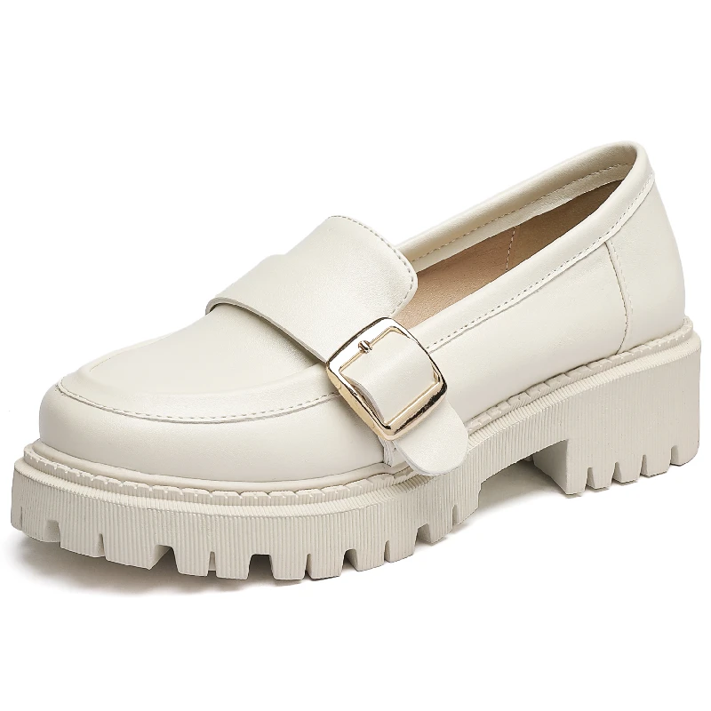 Spring Loafers Shoes Female British Style Thick-soled College Casual PU Leather Fashion Black White Shoes Girls Big Size 45