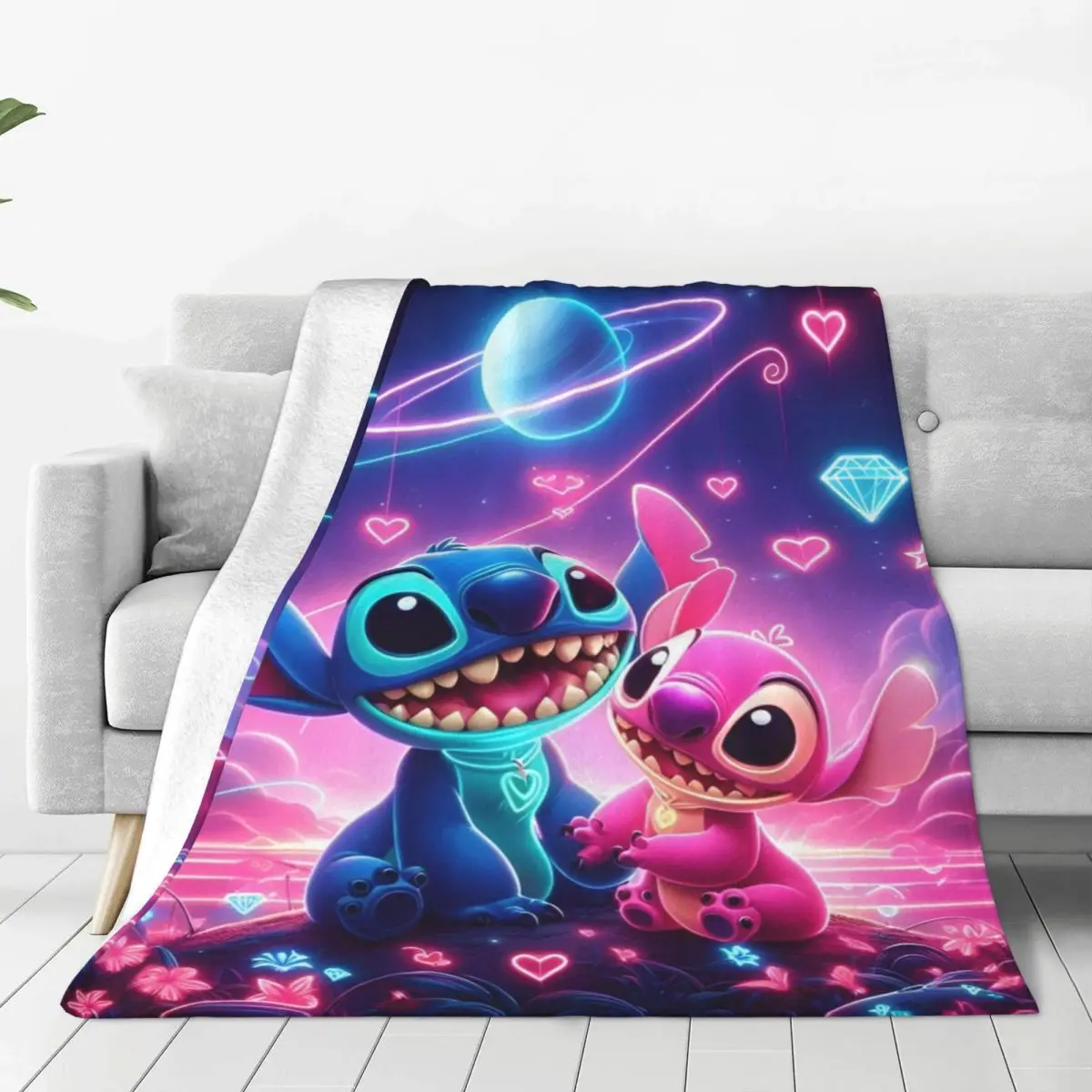 Cute Stitch And Angel Cartoon Blanket Soft Fluffy Plush Bedding Throws For Kids Adult Couch Chair Flannel Bedspread Bed Cover