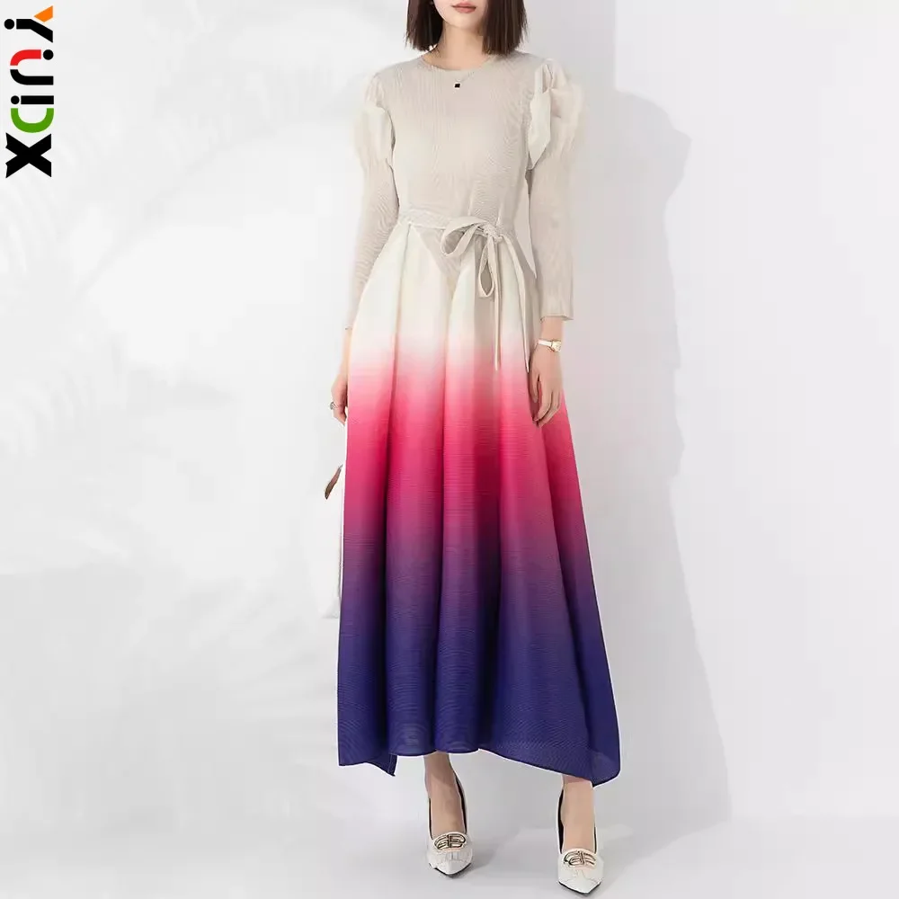 YUDX Style Pleated Elegant Dress Women 2024 Autumn New Large Size Women's Puff Sleeves Fashion High-end Gradient Long Skirt