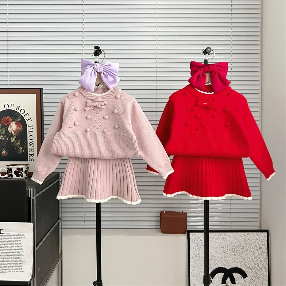 

2025 Fall Winter Kids Girls Knit Set Korean Style Pullover Sweater + Skirt Outfit Toddler Cute Casual Two Piece Sets 2-8 Years​