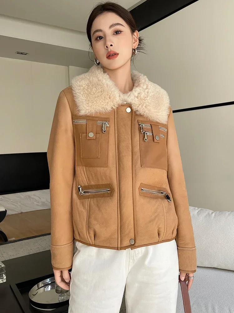 

High-end Luxury Merino Sheep Fur Winter Motorcycle Jackets Women Simple Natural Wool Collar Genuine Leather Real Lamb Fur Coat