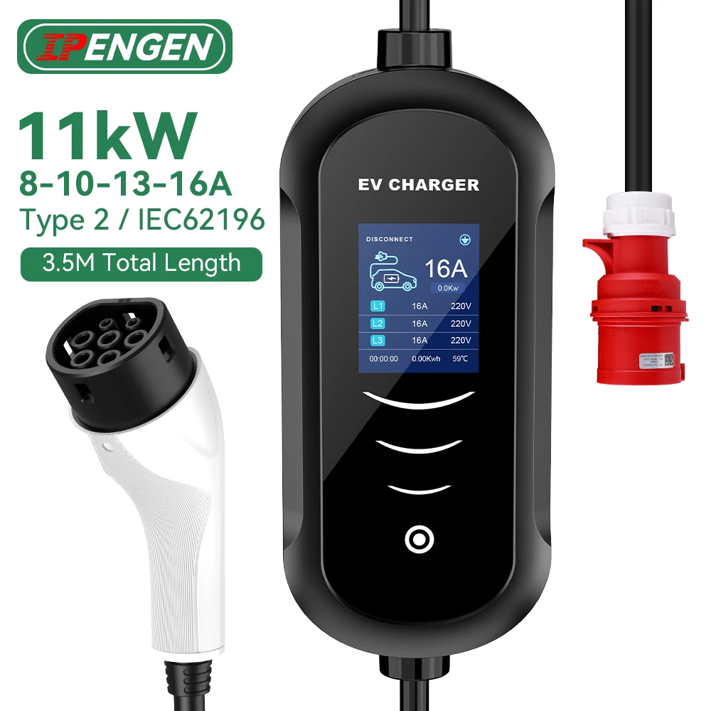 IPENGEN Tragbares 11KW 16A EV Tragbares Ladegerät Typ2 IEC62196-2 EVSE Ladebox