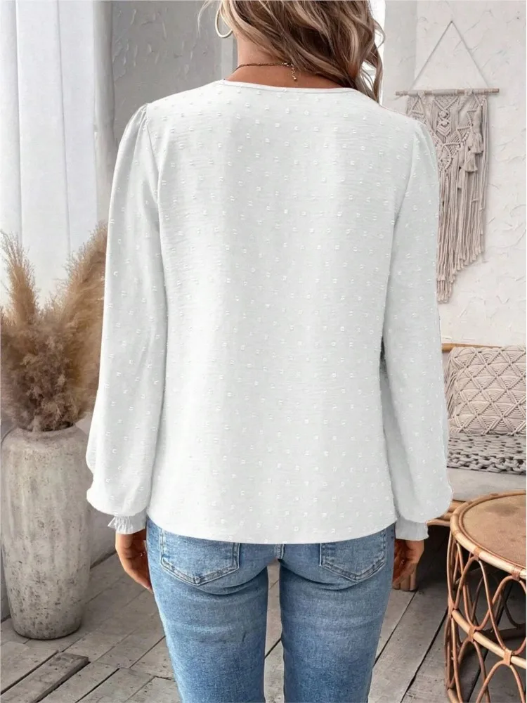 Women Casual Fashion Soild Loose Long Sleeve Blouse New Spring Autumn V Neck Lace Patchwork Vintage Elegant Office Lady Shirts