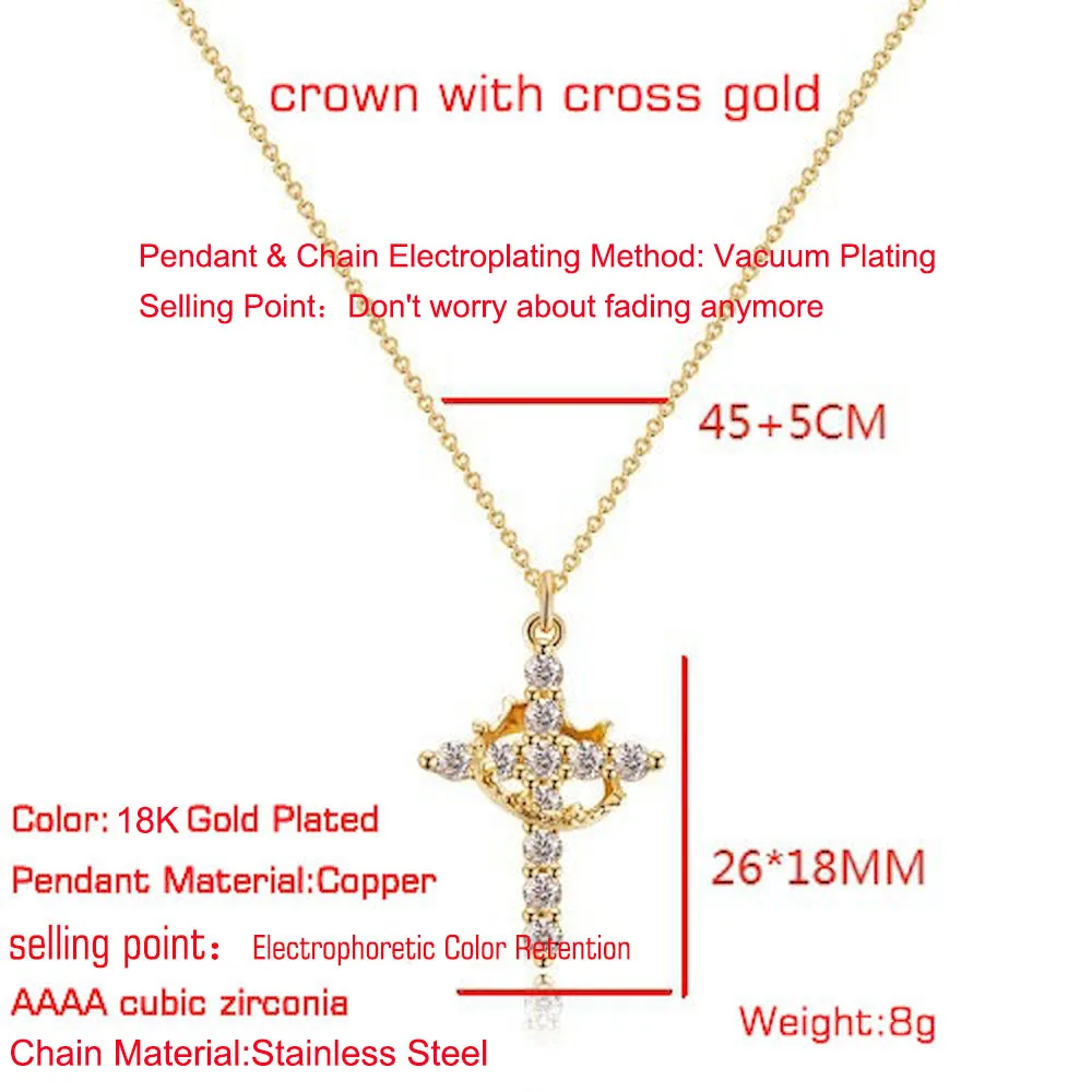 Women 50cm Length Stainless Steel Chain Rotatable Crown Cross Pendant Necklace Plated 18K Gold Neck Jewelry Drop Shipping