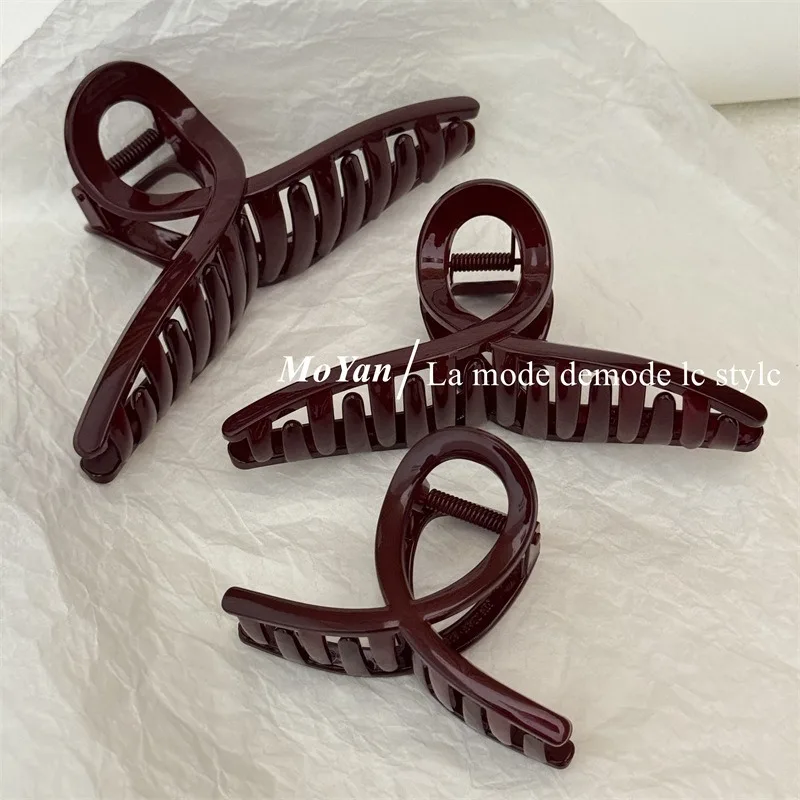 Simple Fashion Hairpin Slightly Drunk Retro Dark Red Grab Clip Temperament Cross Hairpin Large Back Head Disc Hair Shark Clip