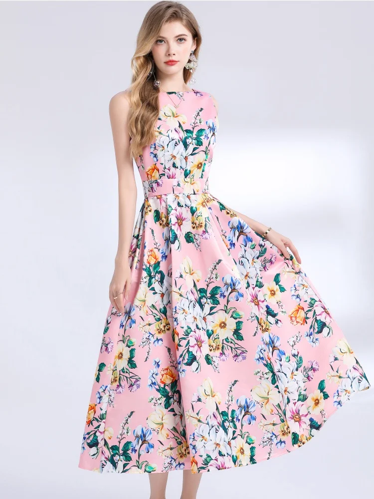New Fashion Retro Elegant Sleeveless Print Long Dress A-line Casual High Waist Women Summer Pleated Runway Dresses