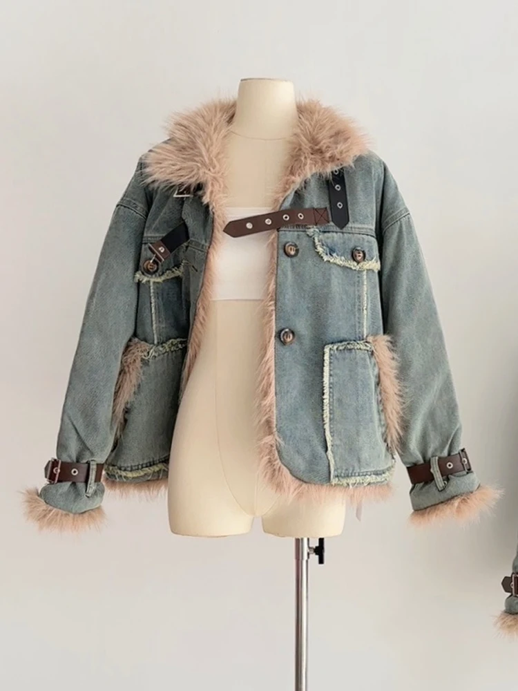 Designer Thick Winter Women Fur Collar Parkas Warm Denim Overcoat Qulited Jacket Big Pocket Single-Breasted Buttons Coat 2024