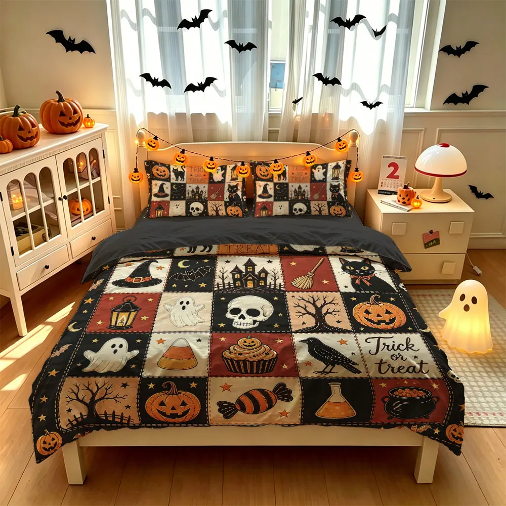 3PC  Patchwork Style Halloween Cartoon Cat Duvet Cover Set Coreless1 Duvet Cover 2 Pillowcase Bedroom Bedding Decoration