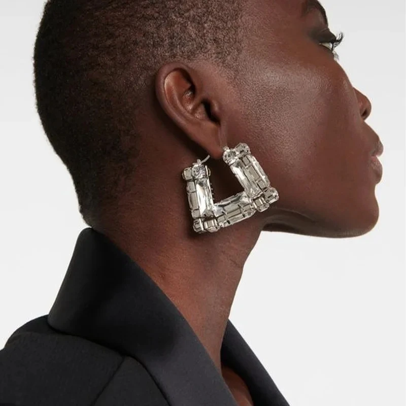 Statement Large Rhinestone Square Hoop Earrings Wedding for Women Fashion Jewelry Shiny Geometric Crystal Earrings Party Gifts