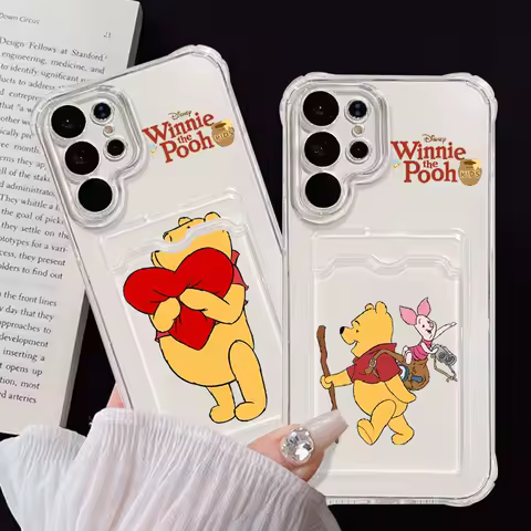 Disney Winnie Pooh Cute For Samsung S24 S23 S22 S21 S20 Ultra FE Plus A55 A53 5G Photo Card Bag Transparent Back Phone Case