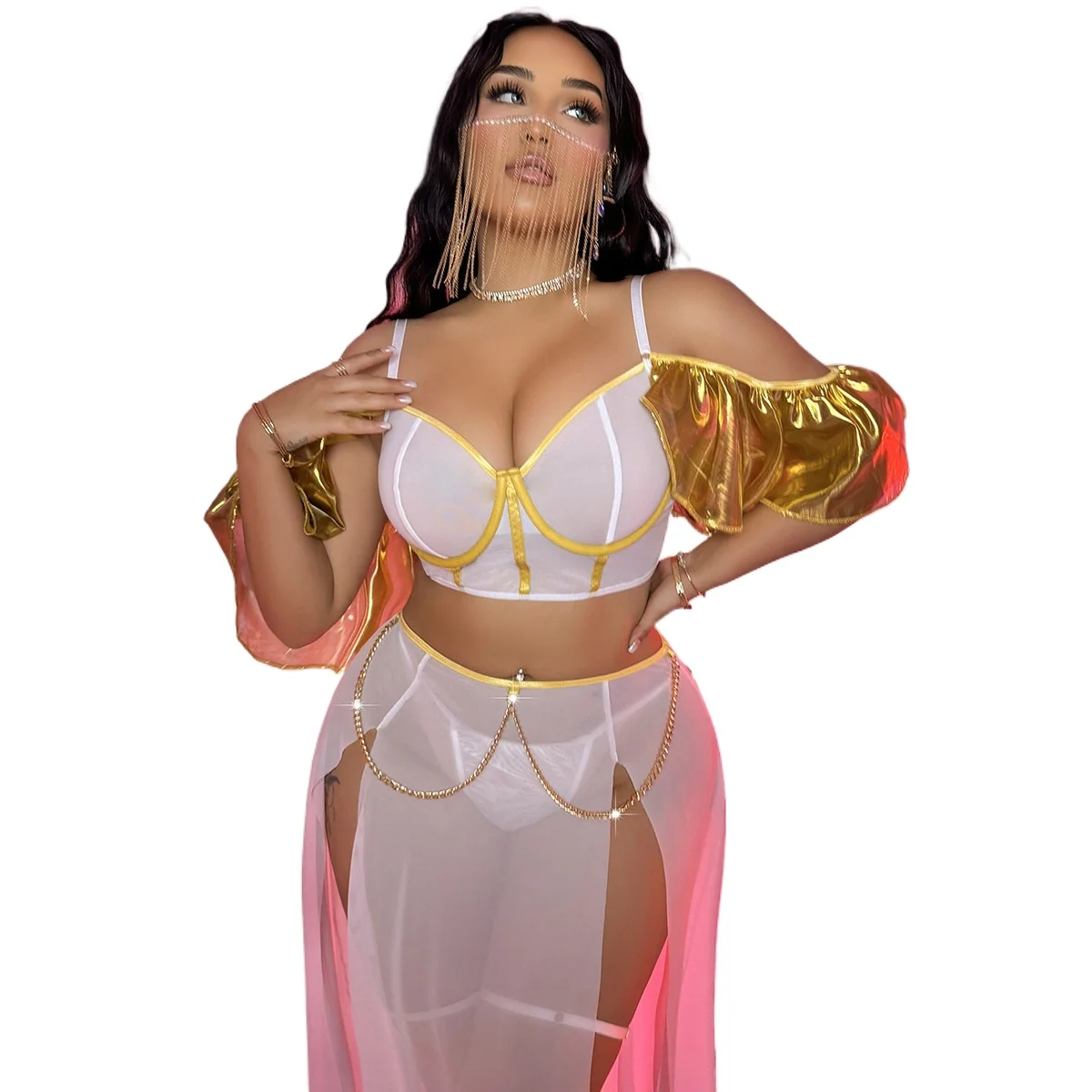 

Lingerie Middle East Gold Muse Sexy High Forked Long Dress Split Lace Multi-piece Set 30321