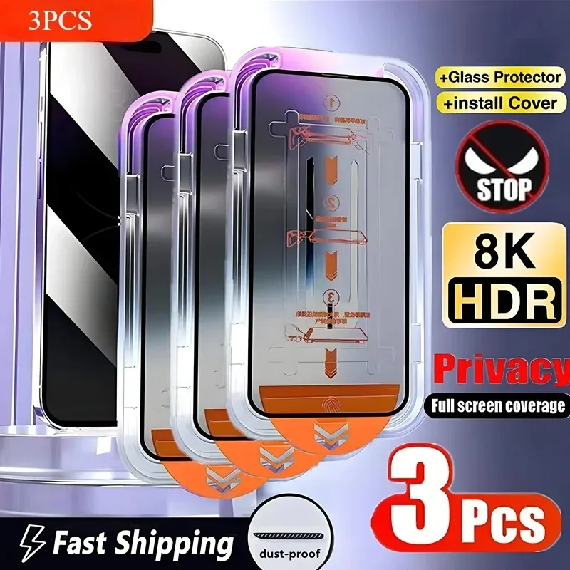 3Pcs Privacy protezione per l'installazione senza polvere in vetro temperato per IPhone 16 15 14 13 12 11 Pro Max XR X proteggi
