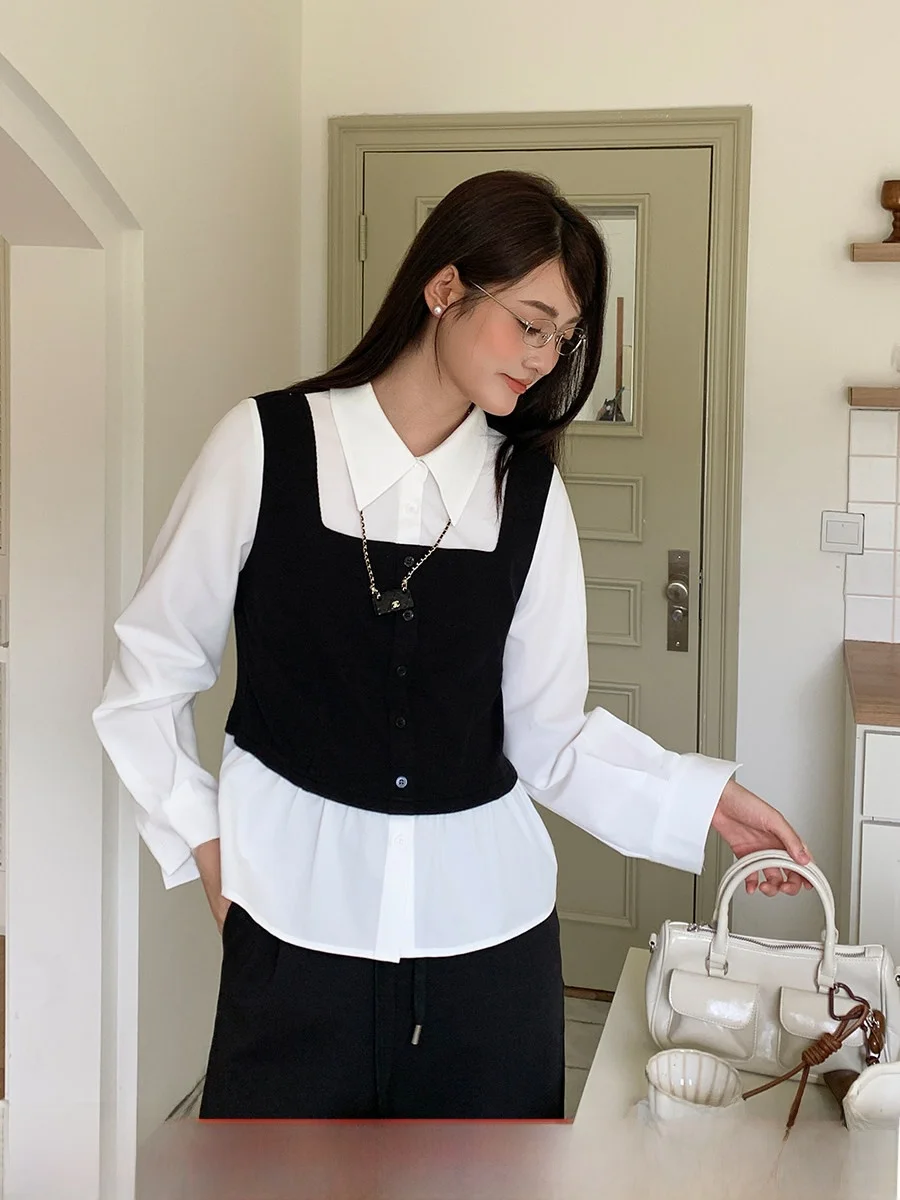 

Женская блузка больших размеров с эффектом похудения, цветным блочным дизайном, длинными рукавами, из хлопка, повседневная, деловая, модная.