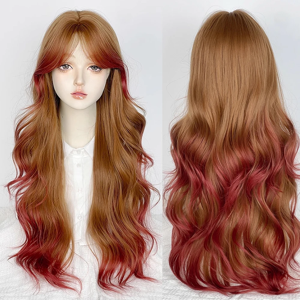 

Длинные волнистые коричневые красные синтетические парики Лолиты с челкой, пушистый женский парик для косплея для повседневной вечеринки