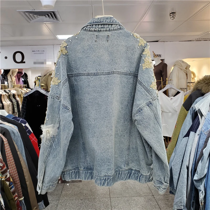 Vintage Beaded Flowers Denim Jacket Spring Autumn Women Loose Korean Casual Lapel Batwing Sleeve Jeans Jacket Female Basic Coat