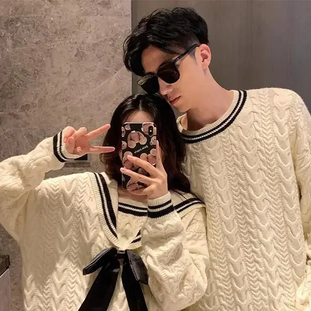 Preppy Style Couple Sweater Men Women Fashion Lolita Girl Sweet Navy Collar Sweater Couples Harajuku Sweater