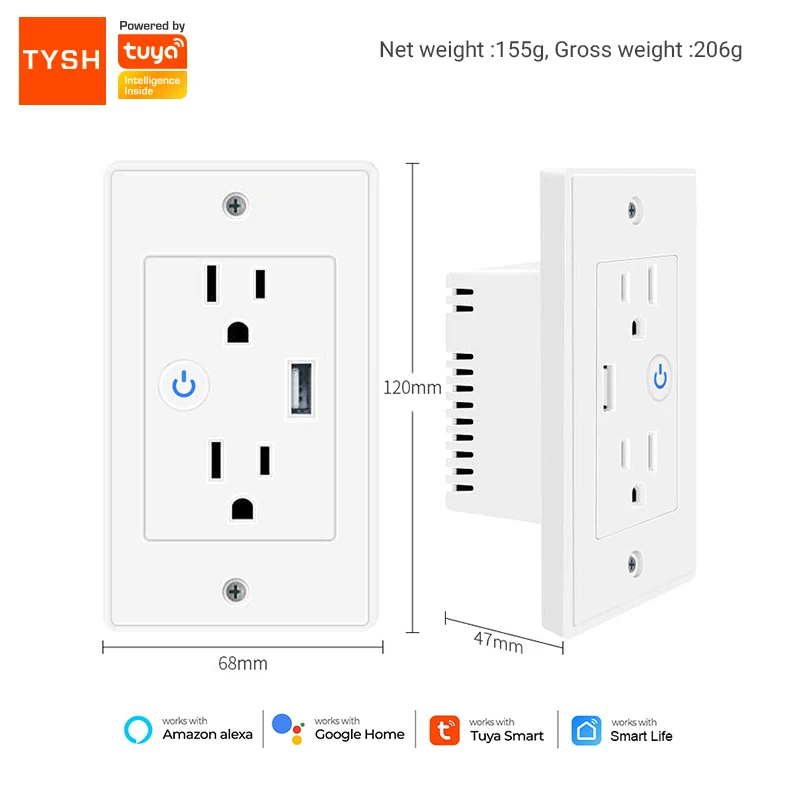 TYSH Tuya Smart Touch Electrical Switch Socket Us Standard Socket 2 Outlet Usb Tuya Smart Life App Wifi Wall Socket