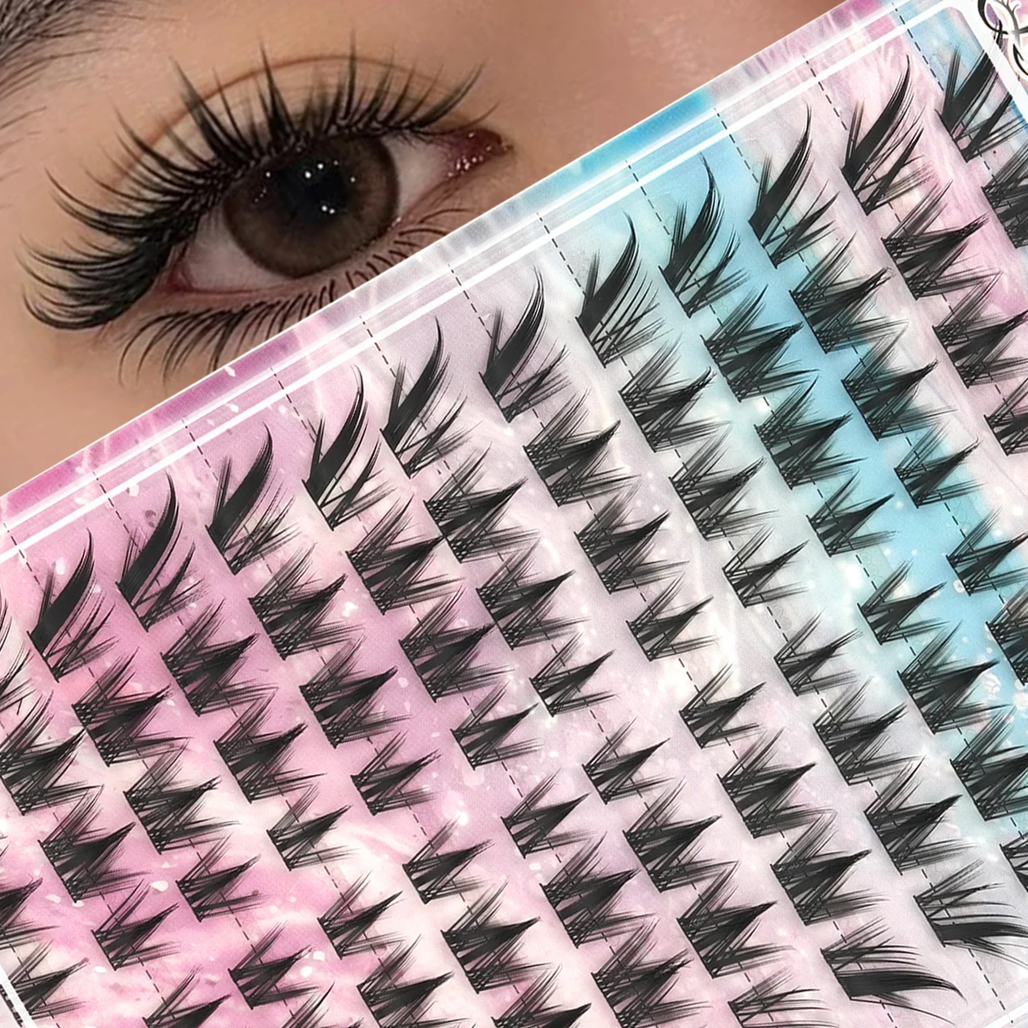 12 Rows Wet Look Fox Eye Individual Cluster False Eyelashes Wispy Spiky D-Curl DIY Segmented Eyelashes for Eye Makeup