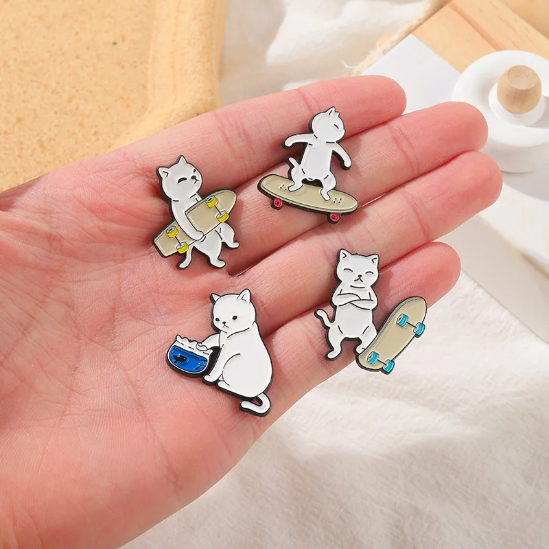 Cat with Skateboard Enamel Pin Cartoon Animal Funny Metal Lapel Badge Backpack Clothes Decoration Brooch Accessories Gift Friend