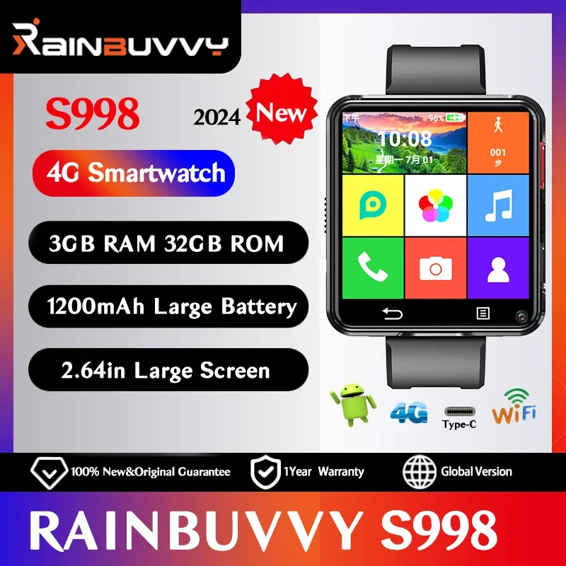 Rianbuvvy S998 4G Смарт-часы Android 11,0 OS 2,64 дюйма Большой экран 1200 мАч с монитором сна Приложение Загрузка игры Smartwatch