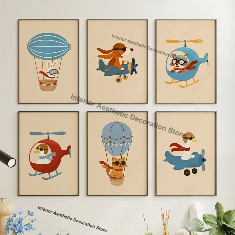 Balloon Airplane Animals Dog Duck Cat Posters and Prints Canvas Painting Wall Art Pictures Boys Kids Room Nursery Poster Decor