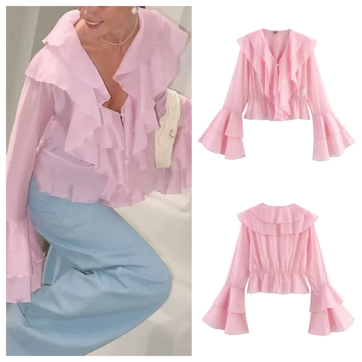 

European and American style 2025 early autumn new Tencel cotton multi-layer ruffled long-sleeved shirt