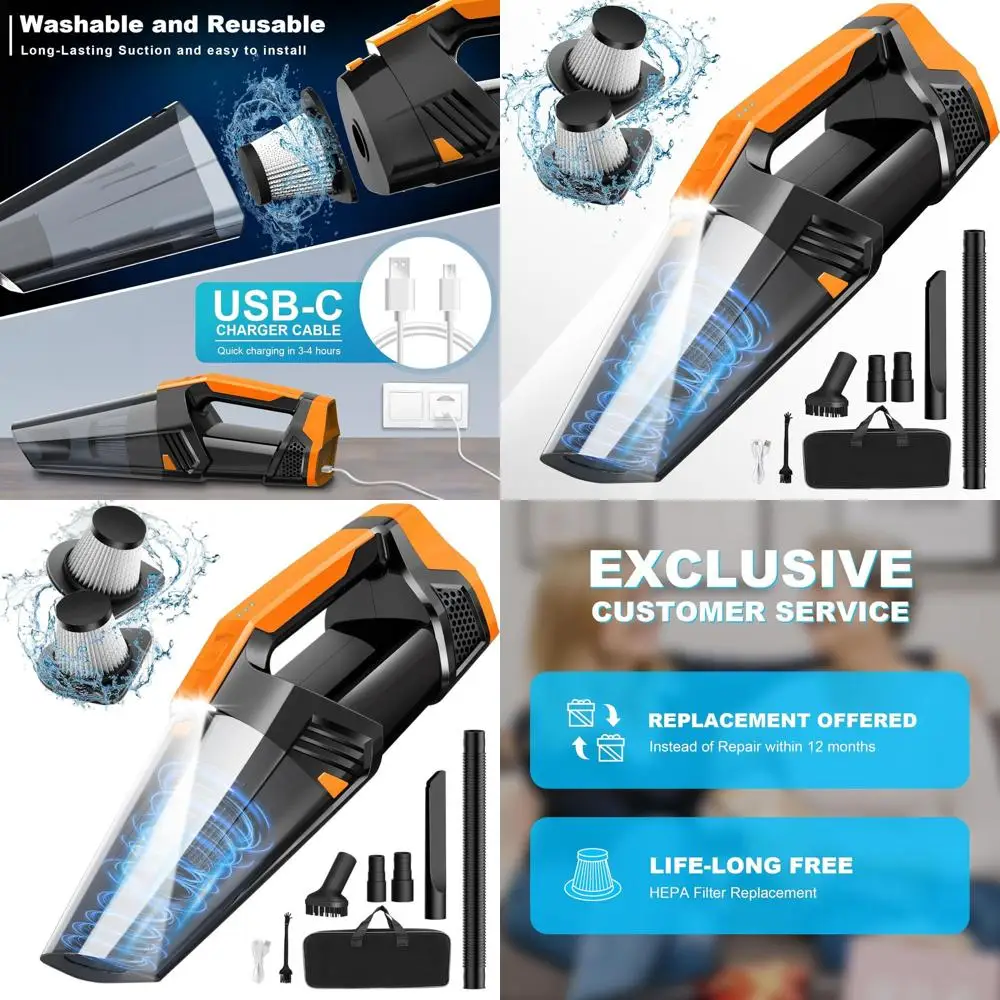 

Портативный ручной пылесос со светодиодной подсветкой, высокая мощность всасывания, легкая перезаряжаемая батарея для автомобиля, дома, шерсти домашних животных, оранжевый