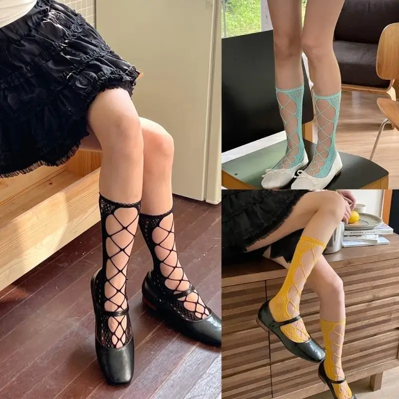 195E 女性ガール夏靴下包帯中空網タイツ膝丈固体ストッキング