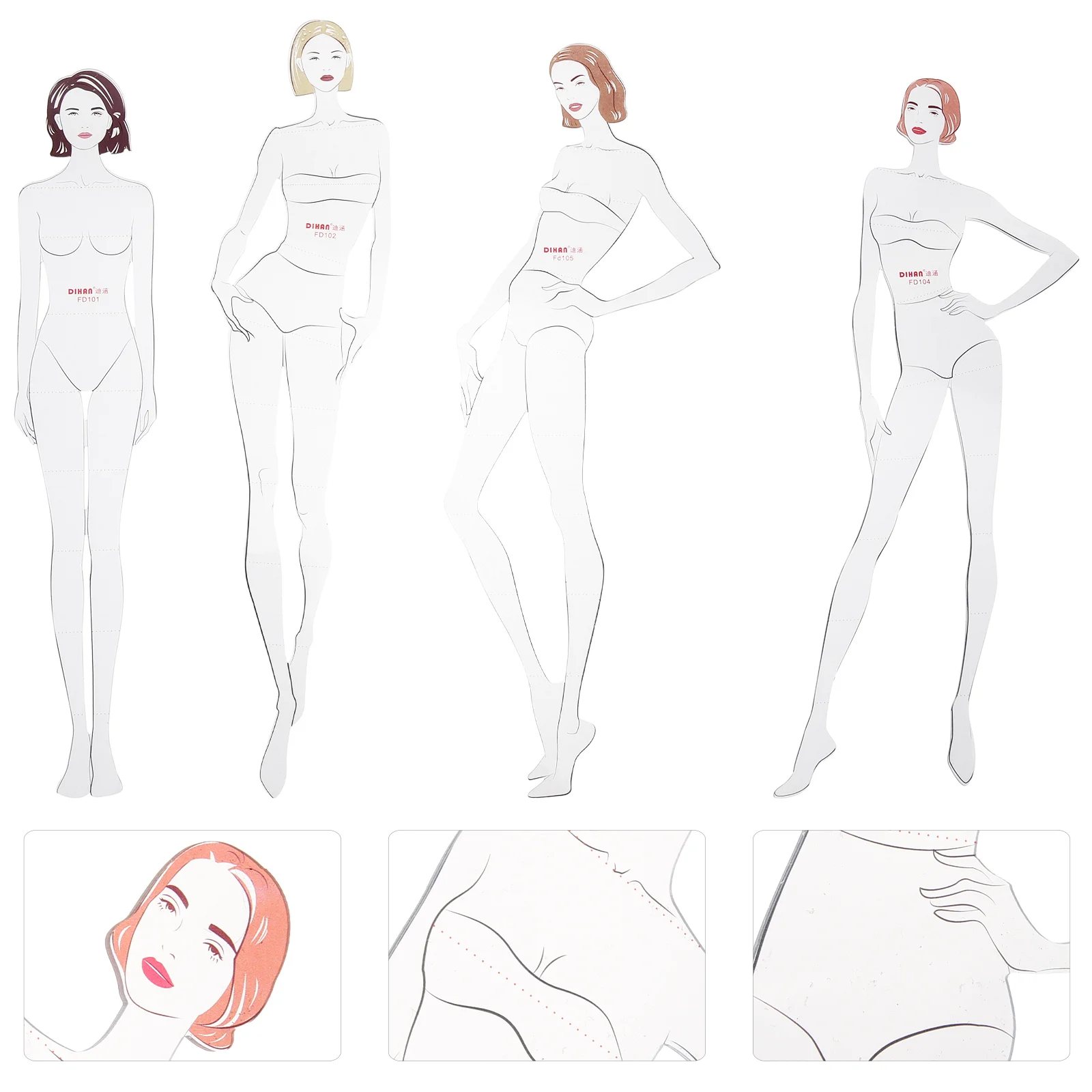 4 Pcs Hand Drawn Mannequin Pattern Master for Dressmaking Figure Drawing Ruler Template Stencil Set