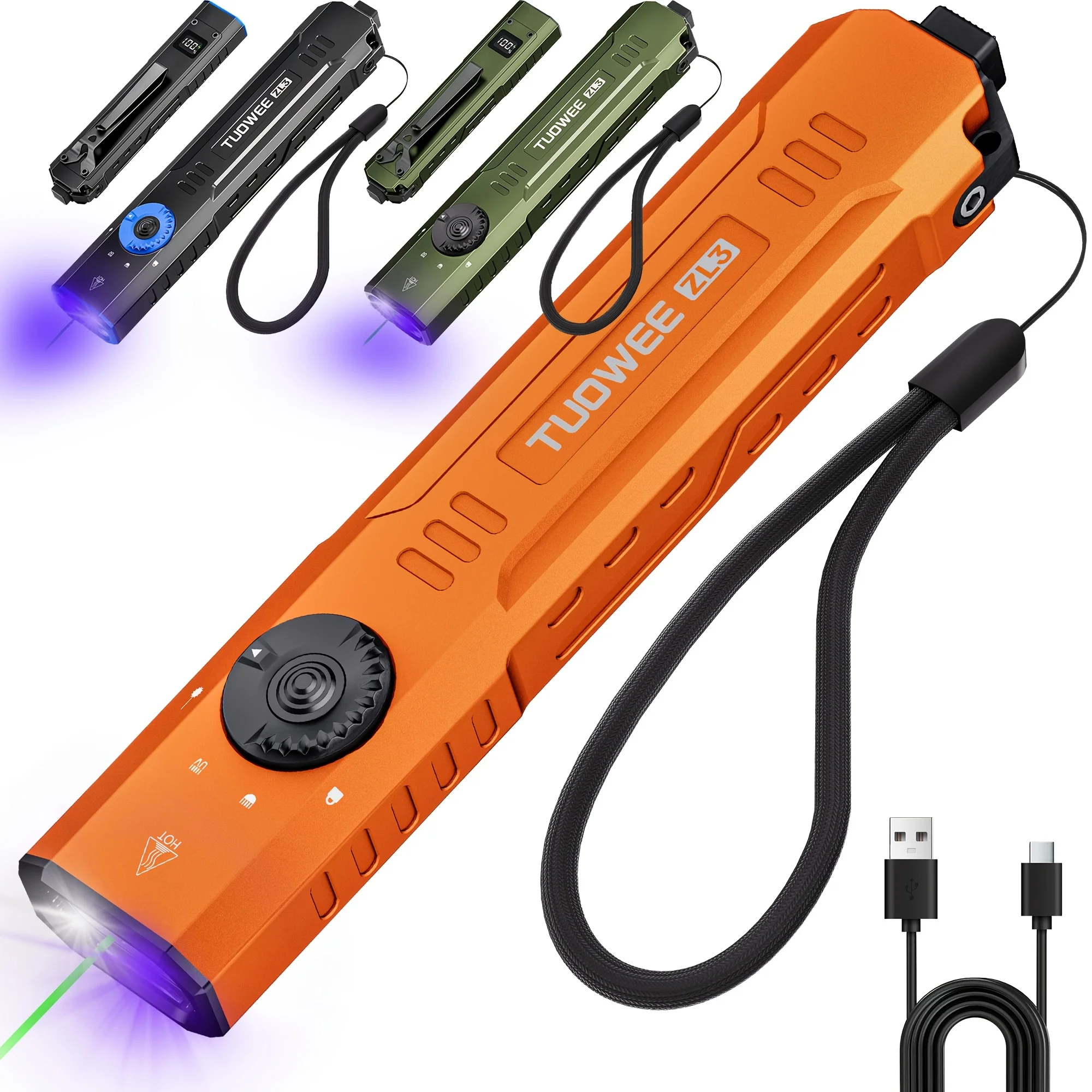 1500 LM Slim Tactical Flashlight  with Green Laser Beam, 3 Light Sources EDC Multi-Functional Rechargeable Torch, High Bright White Light & 365 UV Black Light, for Home Use & Outdoor Adventure