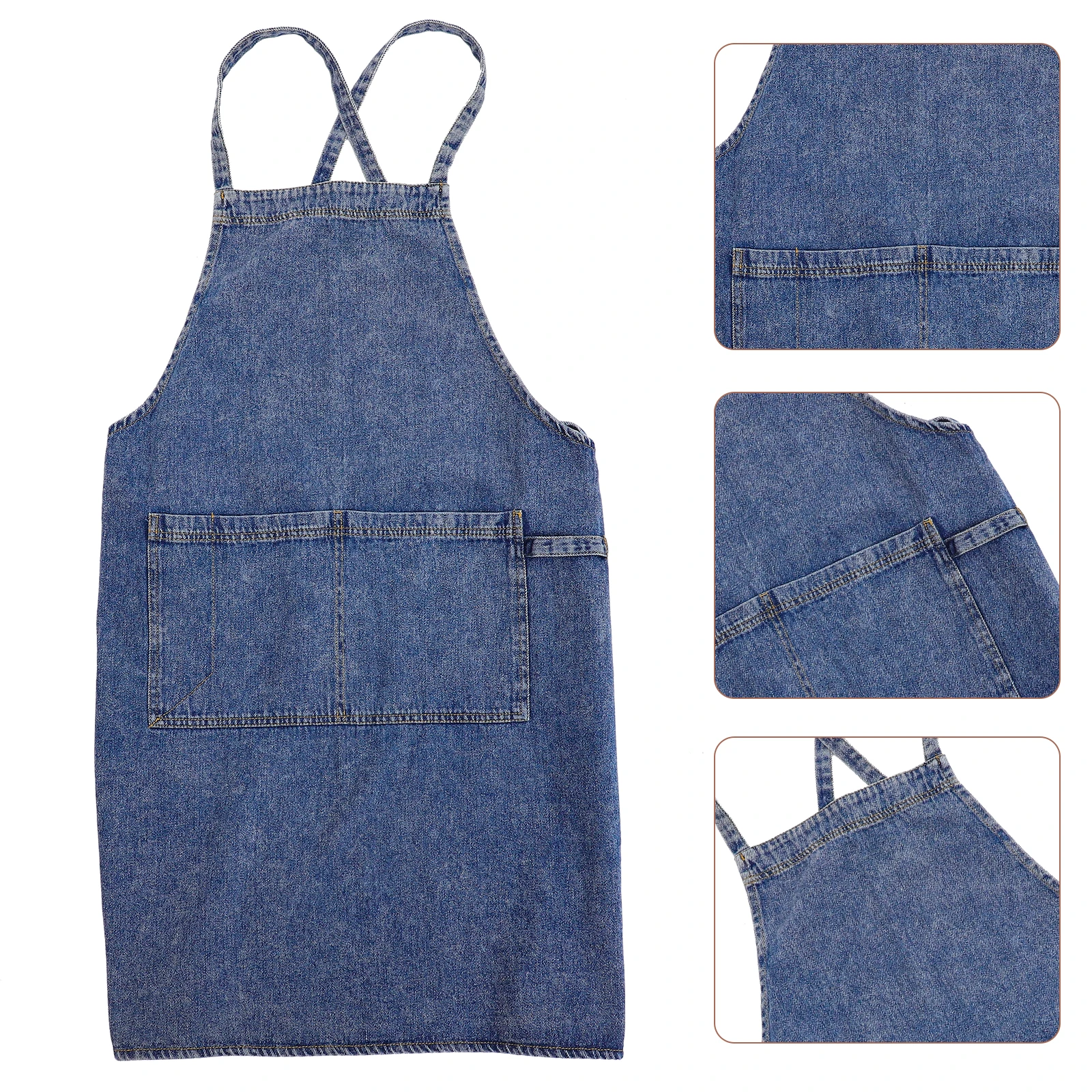 

Thick Denim Apron Cross Back Kitchen BBQ Studio Work Uniform With Pocket Adjustable Strap For Adults Washable Women Bib Chef