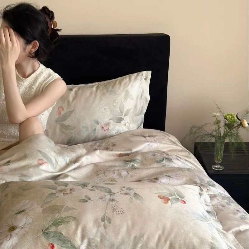 100S Long-staple Cotton Four-piece Set Satin Pastoral Flower Quilt Cover Bed Sheet Pillowcases Polished Bedding Set