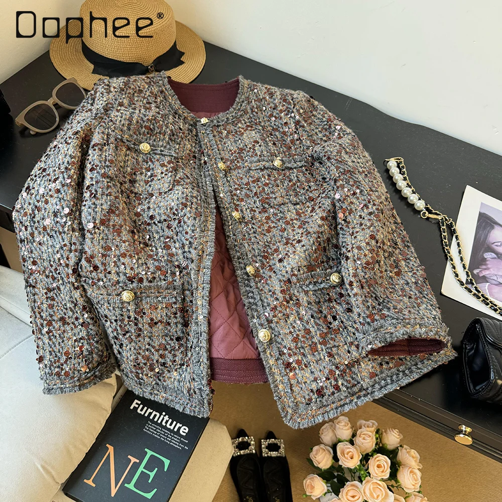 

Твидовое пальто средней длины с тяжелыми пайетками для женщин, осенне-зимние стеганые утолщенные твидовые куртки с круглым вырезом и длинными рукавами