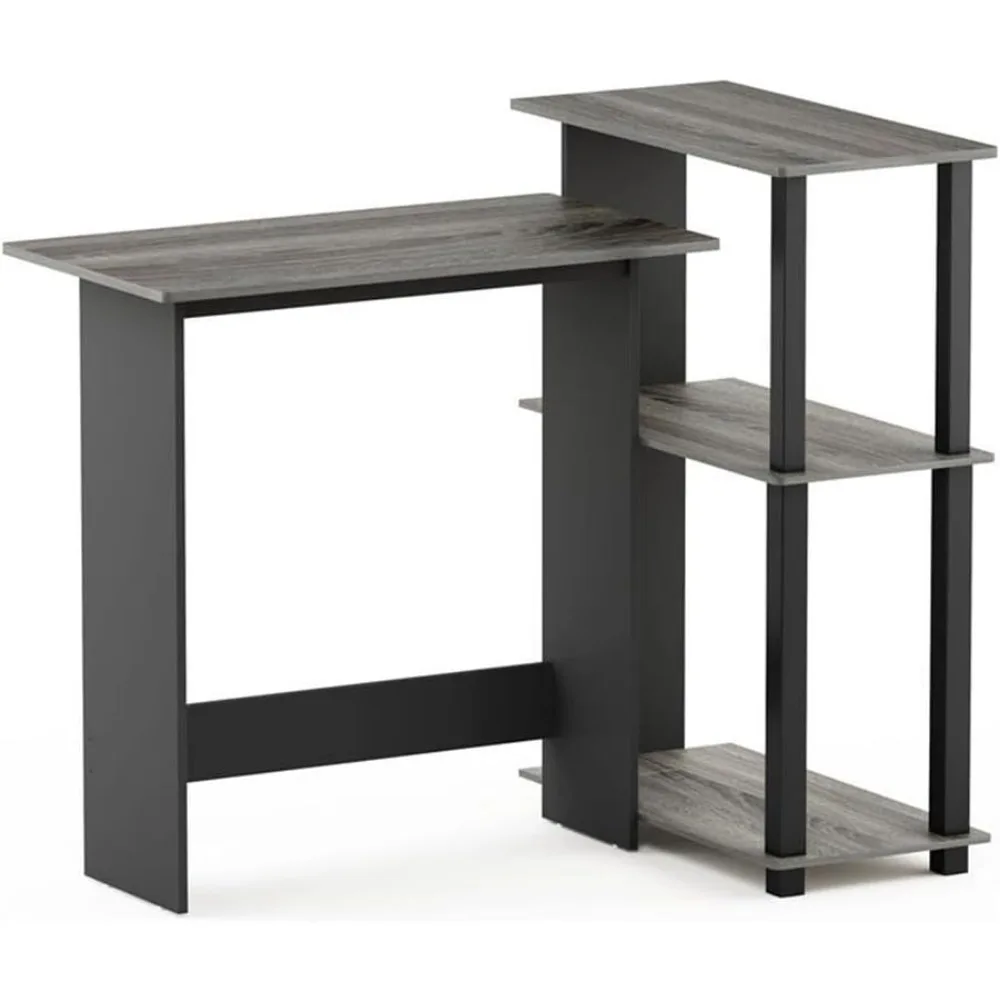 Compact Corner Computer Desk with Bookshelf, French Oak Grey/Black - Space-Saving Design