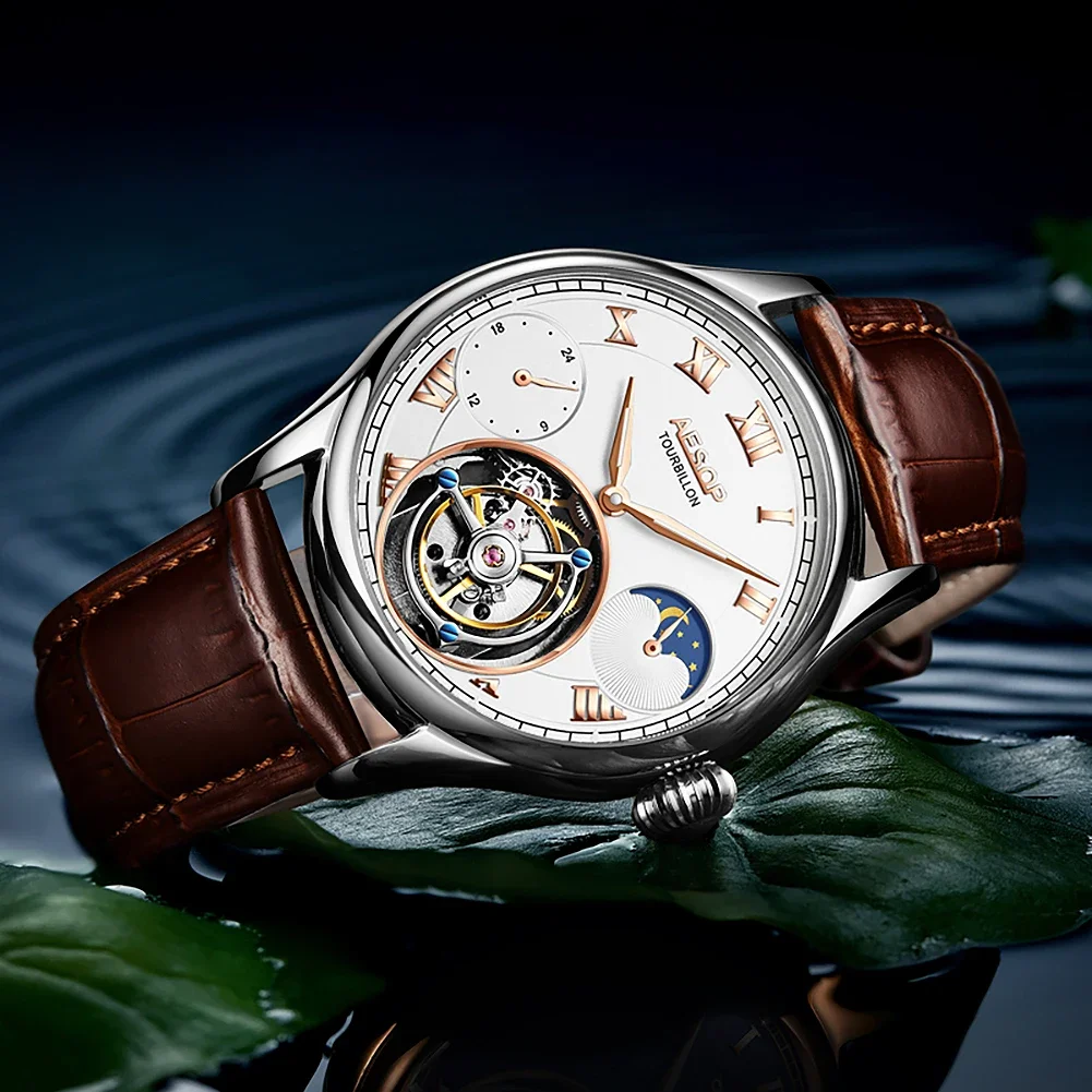 AESOP Real Flying Tourbillon Men's Mechanical WristWatches Male Leather Gold Moon Phase Skeleton Watch Luxury Sapphire Clock Kit