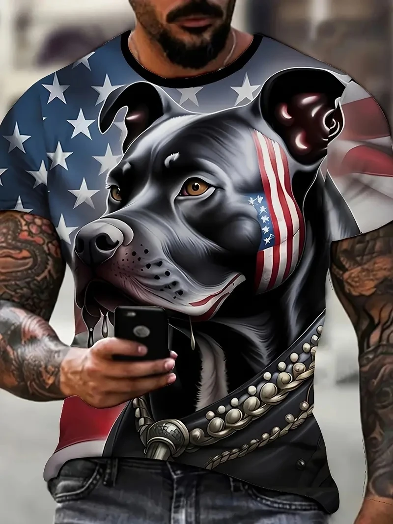 Vintage T-shirt Men 3D Print Short Sleeve American Flag Dog Classics TShirt For Mens Street Shirts Tops Oversized Tee Shirt