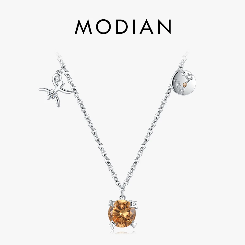 Modian 925 Sterling Silver Champagne Color Round Zirconia Pendant Necklace Classic Pisces Chain Jewelry For Women Anniversary