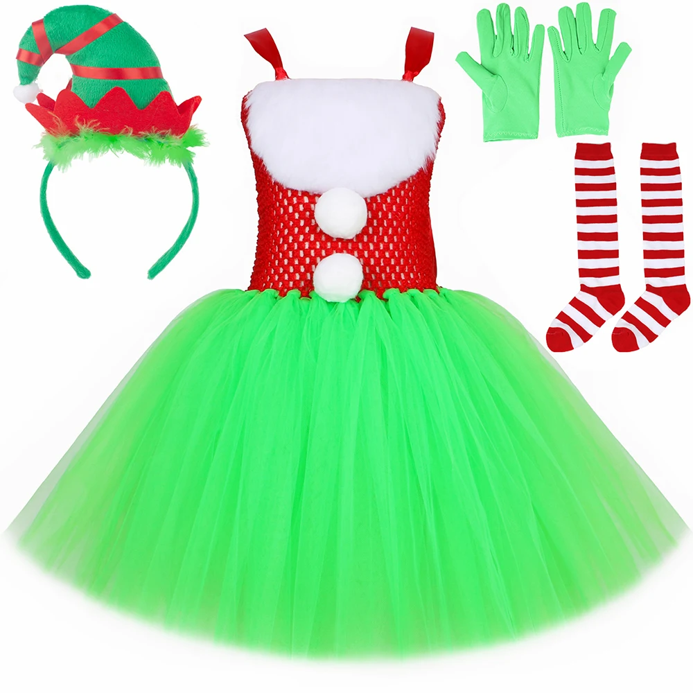 Grinc Costume Kids Christmas Santa Claus Tutu Dress Set Green Furry Monster Costumes Girls Toddler Halloween Xmas Party Clothes