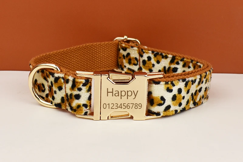 Neu eingetroffen: Personalisiertes Designer-Logo mit Leopardenmuster auf brauner Basis – Weiches Baumwoll-Hundehalsband, Leinen, Geschirr, Kotbeutelhalter, Tier 01 – Detail 2