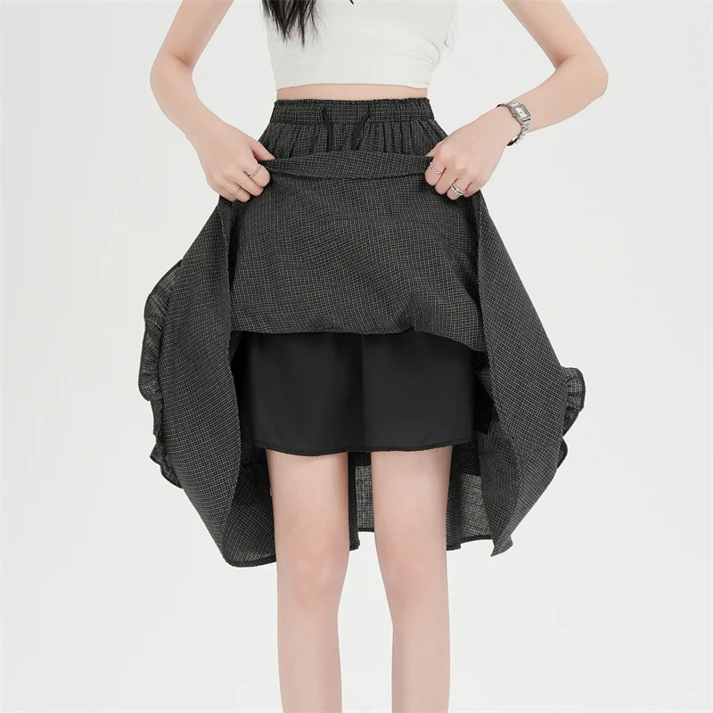 Plaid Ruffle Tiered Midi Skirt Women 2026 Spring Summer Elastic High Waist A-Line Long Skirt