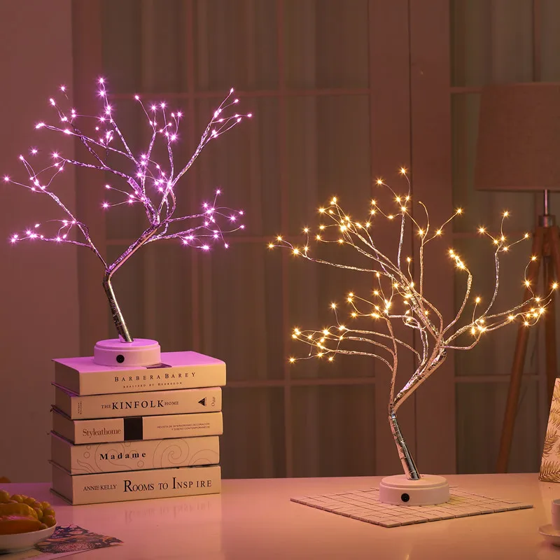 Lampe de table d\'arbre nickel é avec batterie, fil de cuivre USB, 108 LED, feu décoratif, veilleuse de bureau, cadeaux pour la maison et la chambre,