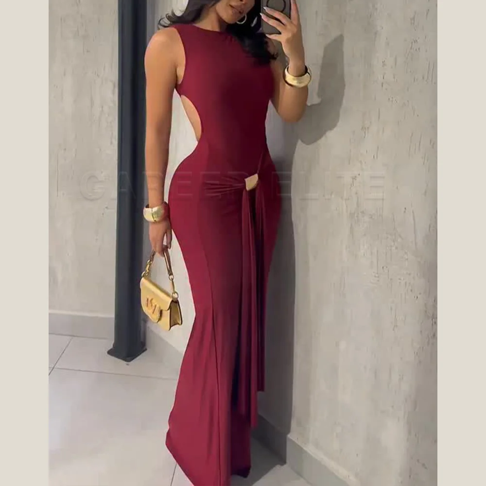Robe longue bordeaux sans manches pour femmes, découpe sur le côté, avec nœud d'accent doré, moulante, ourlet sirène, robe de soirée pour fêtes formelles